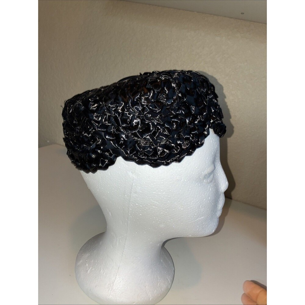 Vintage Black Raffia Straw with Top Button Pill Box Hat Fascinator Skull Cap